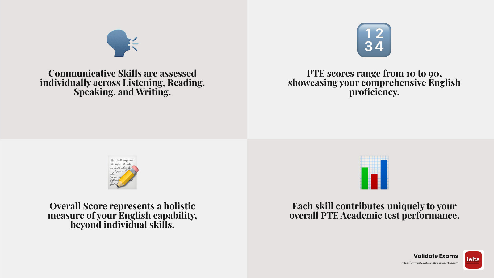 PTE Score Breakdown Infographic - pte result online check infographic 4_facts_emoji_grey