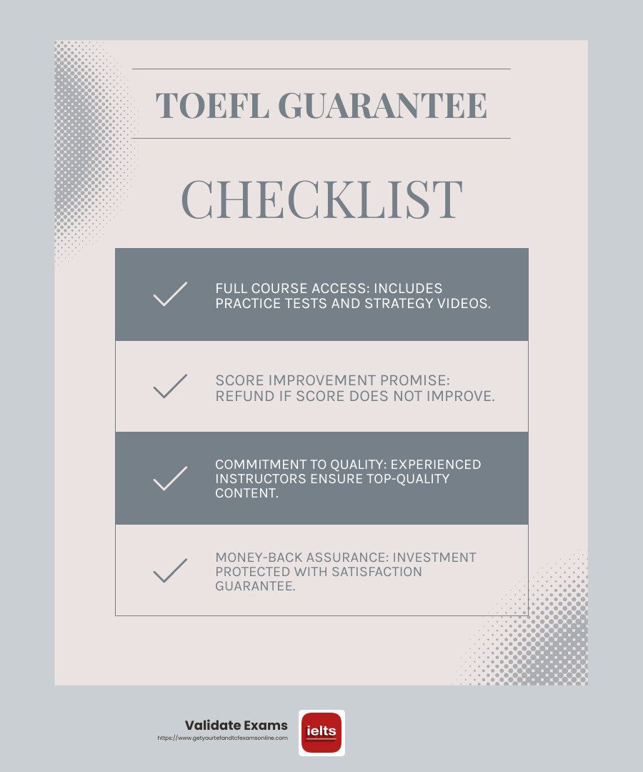 TOEFL Certificate Guarantee ensures satisfaction and peace of mind for test takers. - TOEFL certificate guarantee infographic checklist-light-blue-grey