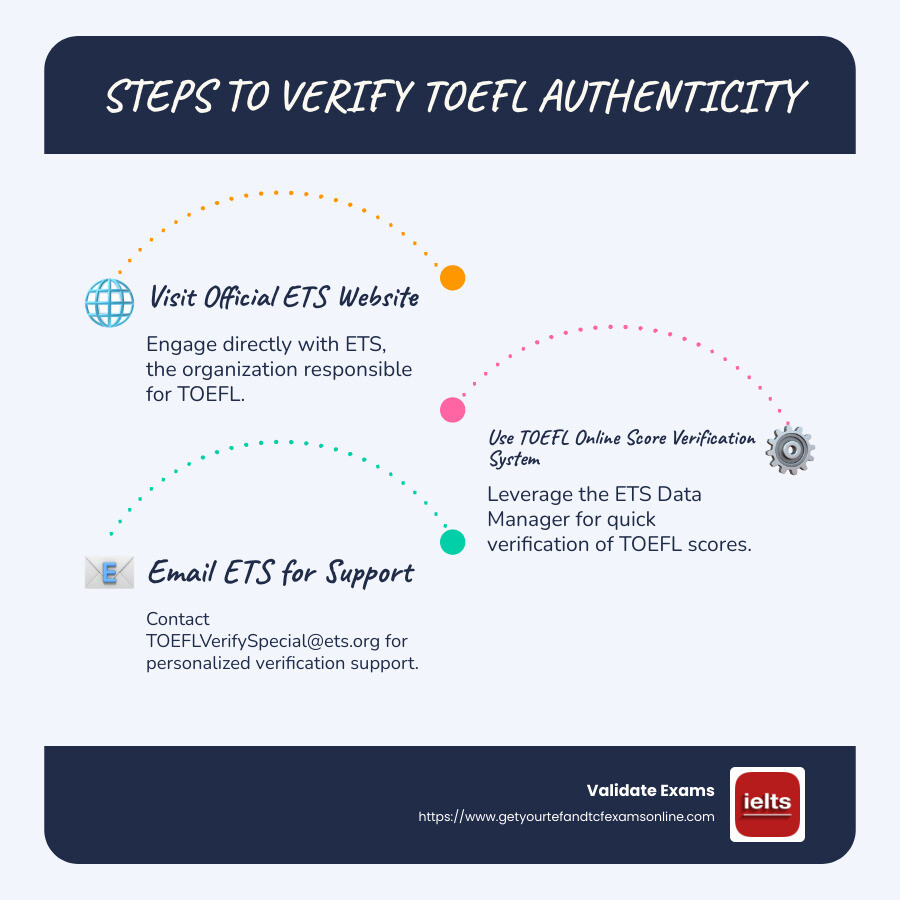 Steps to verify TOEFL authenticity effectively, highlighting the use of ETS resources, OSVS, and direct communication with ETS - verify TOEFL authenticity infographic infographic-line-3-steps-blues-accent_colors