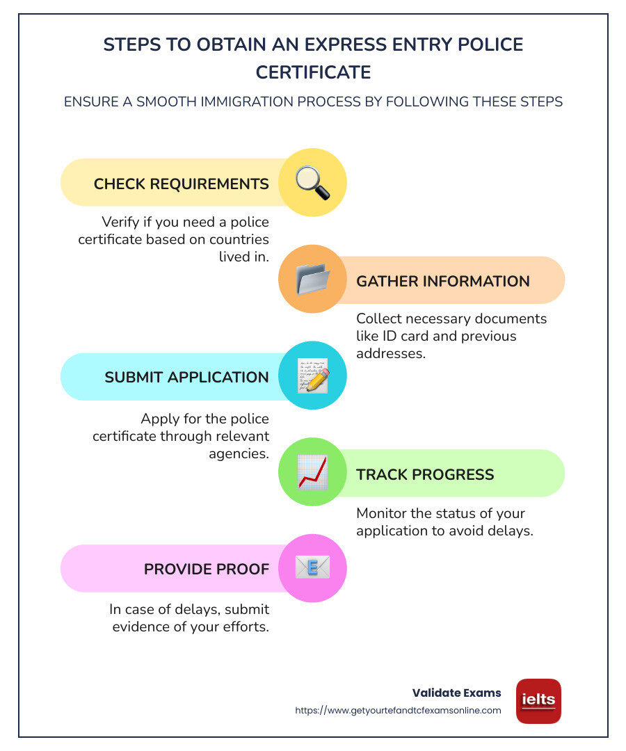Infographic showing the process of obtaining an express entry police certificate - express entry police certificate from canada infographic infographic-line-5-steps-colors