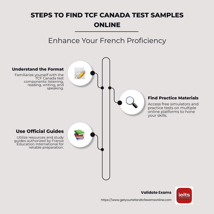 Infographic: Steps to find TCF Canada test samples online, detailing format understanding, practice material sourcing, and official guide utilization - tcf canada test sample infographic infographic-line-3-steps-neat_beige