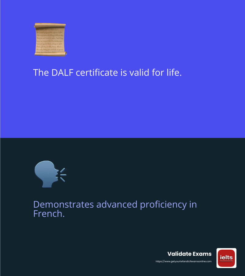 DALF test certificate validity - dalf test online infographic 2_facts_emoji_blue