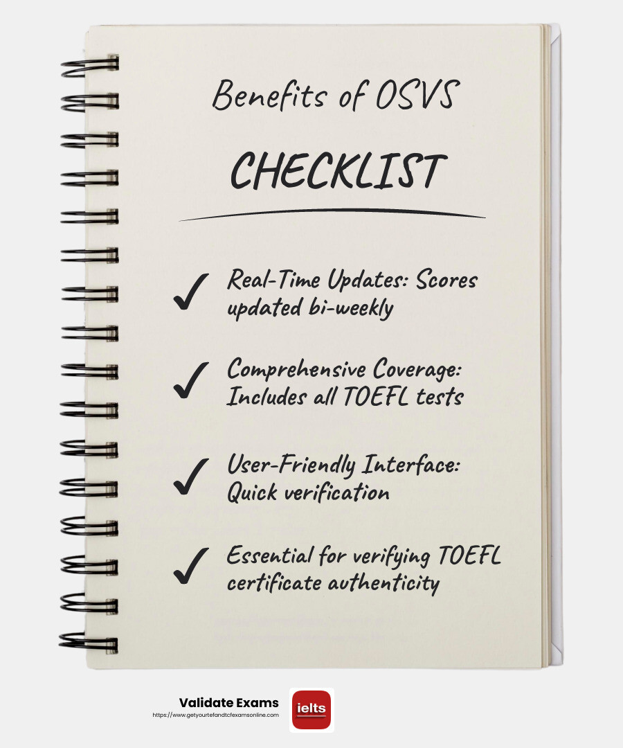 OSVS ensures up-to-date and accurate verification of TOEFL scores - verify TOEFL authenticity infographic checklist-notebook