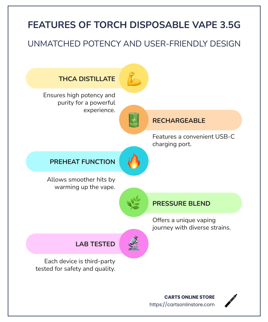 Infographic on Torch 3.5G Vapes Features and Benefits - torch disposable vape 3.5g infographic infographic-line-5-steps-colors
