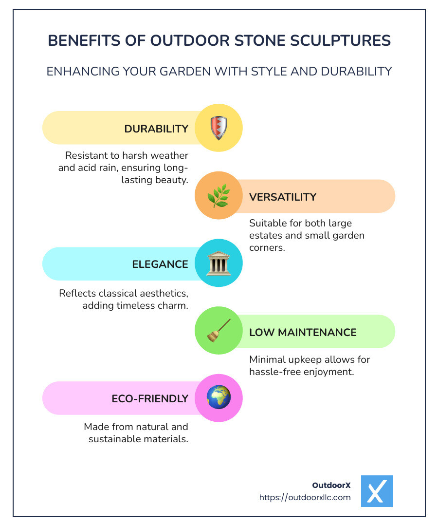 Infographic depicting benefits of outdoor stone sculptures, such as durability, versatility, elegance, showcasing images of stone sculptures from large estates to small garden corners, and a map highlighting regions with harsh weather where these sculptures thrive - Outdoor stone sculptures infographic infographic-line-5-steps-colors