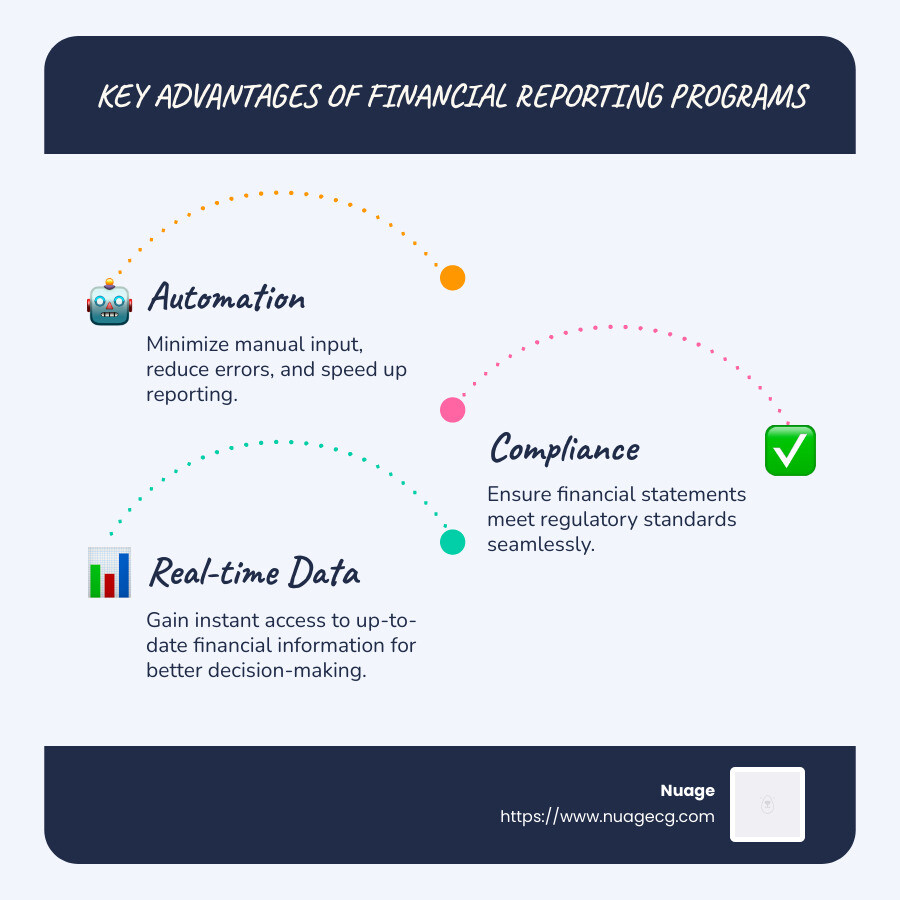 Overview of benefits in financial reporting programs - financial reporting programs infographic infographic-line-3-steps-blues-accent_colors