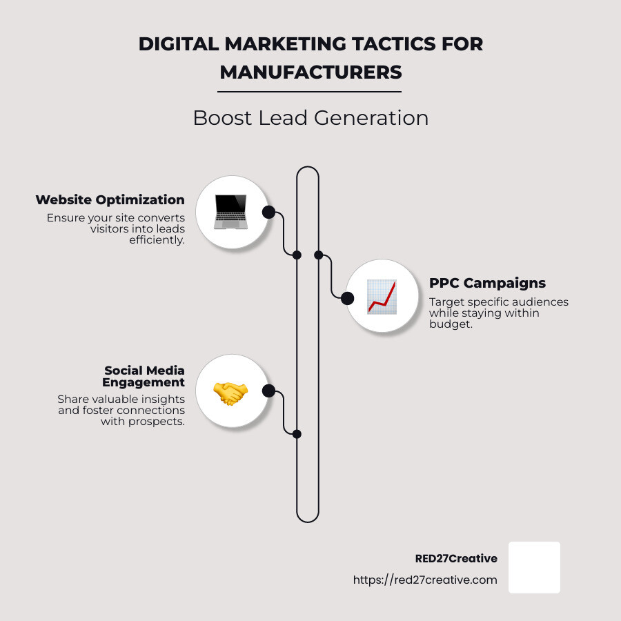 Lead Generation Unlocked: Tactics for Manufacturers • Lead generation for manufacturers • RED27Creative Infographic showing digital marketing tactics for manufacturers, including website optimization, PPC campaigns, social media engagement, and email marketing - Lead generation for manufacturers infographic infographic-line-3-steps-neat_beige