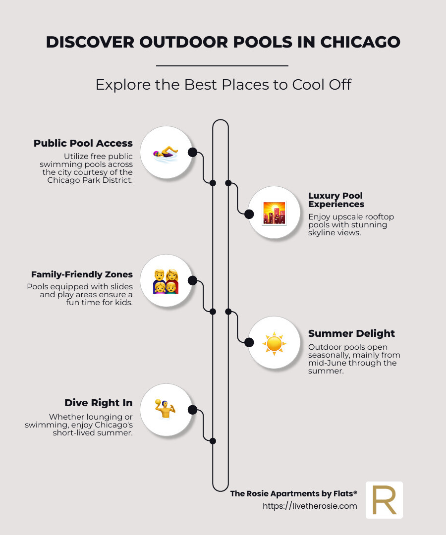 Map of Chicago with outdoor pool locations marked - outdoor pools chicago infographic infographic-line-5-steps-neat_beige