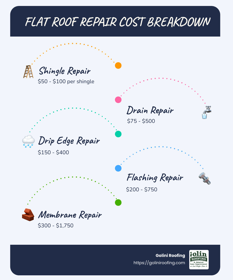 Infographic detailing average flat roof repair costs with examples of different repair types and their price ranges - flat roof repair cost infographic infographic-line-5-steps-blues-accent_colors