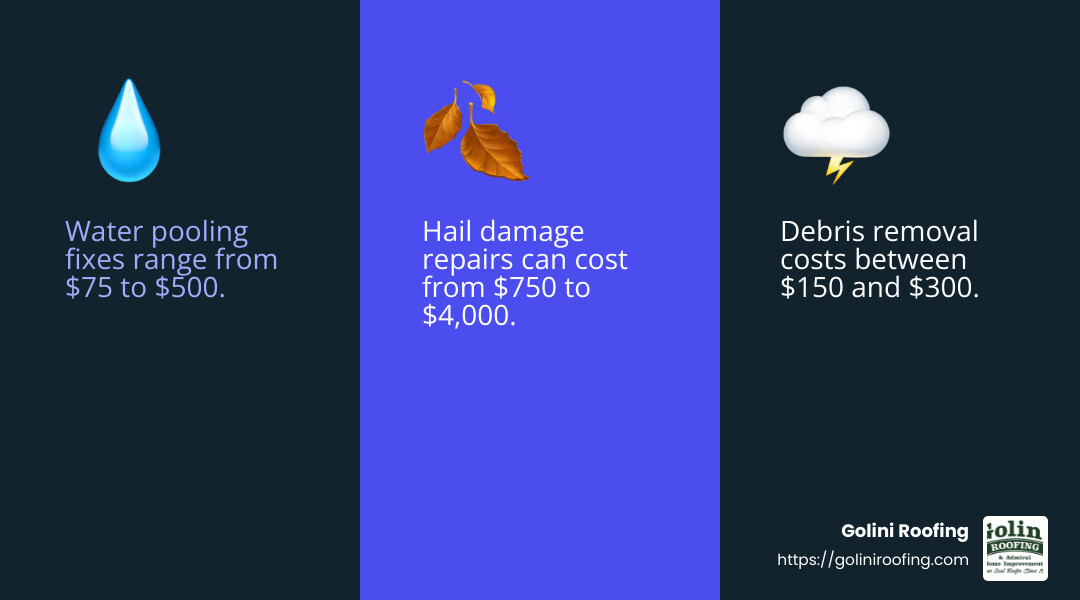 Average costs for hail damage repair range from $750 to $4,000, based on internet data. - flat roof repair cost infographic 3_facts_emoji_blue