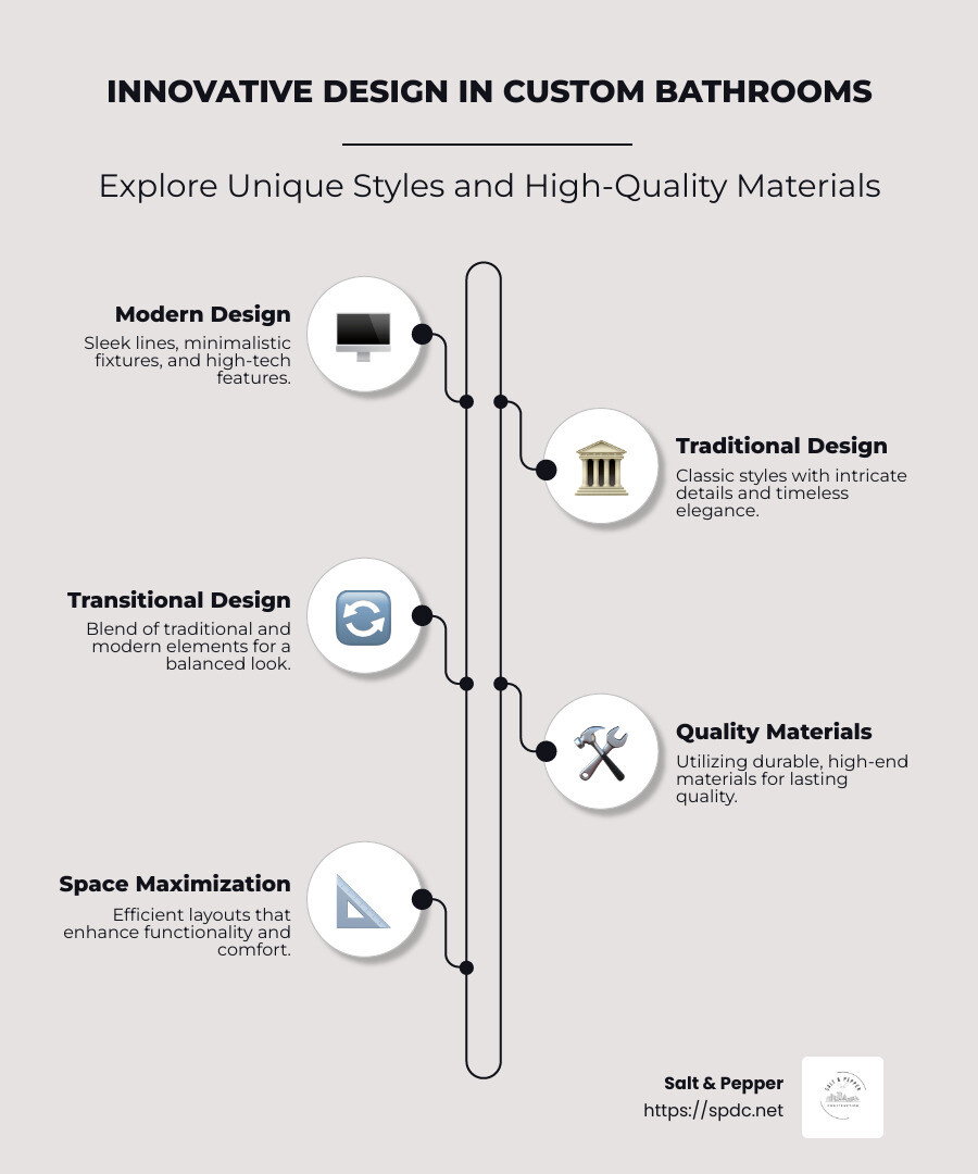Innovative design in custom bathrooms infographic: Explores various styles like modern, traditional, and transitional, details on high-quality materials used, and tips on maximizing bathroom space - custom bathrooms infographic infographic-line-5-steps-neat_beige