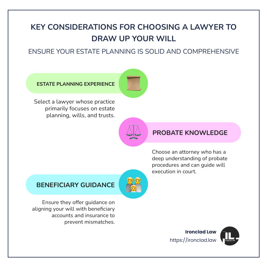 Infographic on choosing lawyers to draw up a will based on estate planning focus, probate experience, and beneficiary guidance - lawyers to draw up a will infographic infographic-line-3-steps-colors