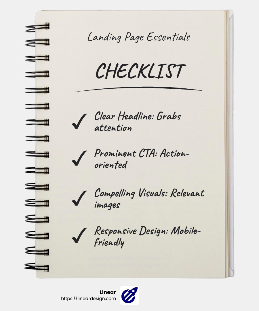 Responsive design is crucial for mobile users. - what is a landing page design infographic checklist-notebook