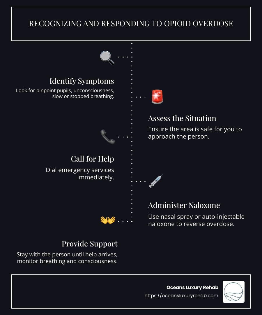 Infographic detailing opioid overdose signs and immediate actions, such as slow breathing, unconsciousness, pinpoint pupils and importance of administering naloxone or calling emergency services. - opioid overdose infographic infographic-line-5-steps-dark Infographic detailing opioid overdose signs and immediate actions, such as slow breathing, unconsciousness, pinpoint pupils and importance of administering naloxone or calling emergency services. - opioid overdose infographic infographic-line-5-steps-dark