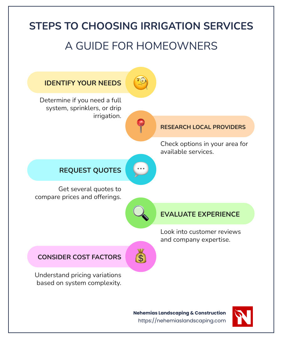 Infographic showing steps to choose irrigation services: Identify needs, research providers, request quotes - Irrigation Systems Installation infographic infographic-line-5-steps-colors