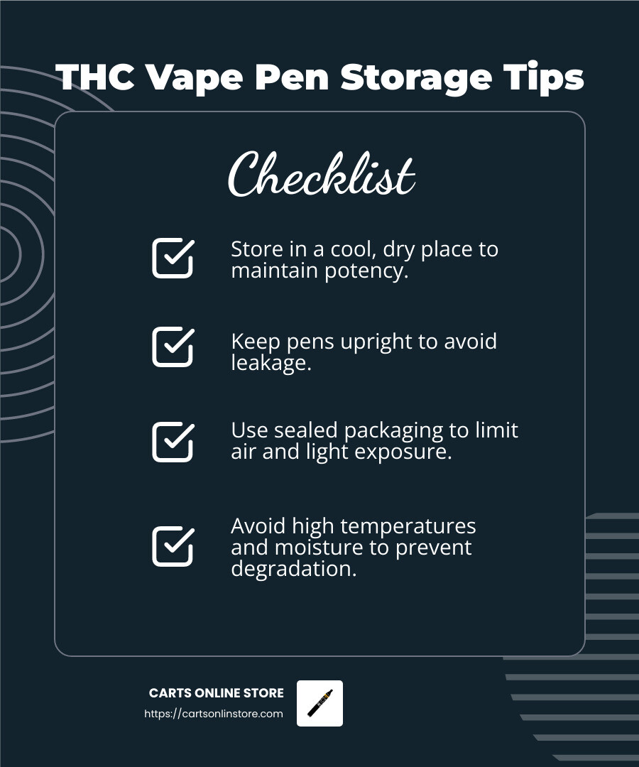 Proper storage ensures maximum longevity and quality of your vape pens. - do thc vape pens expire infographic checklist-dark-blue