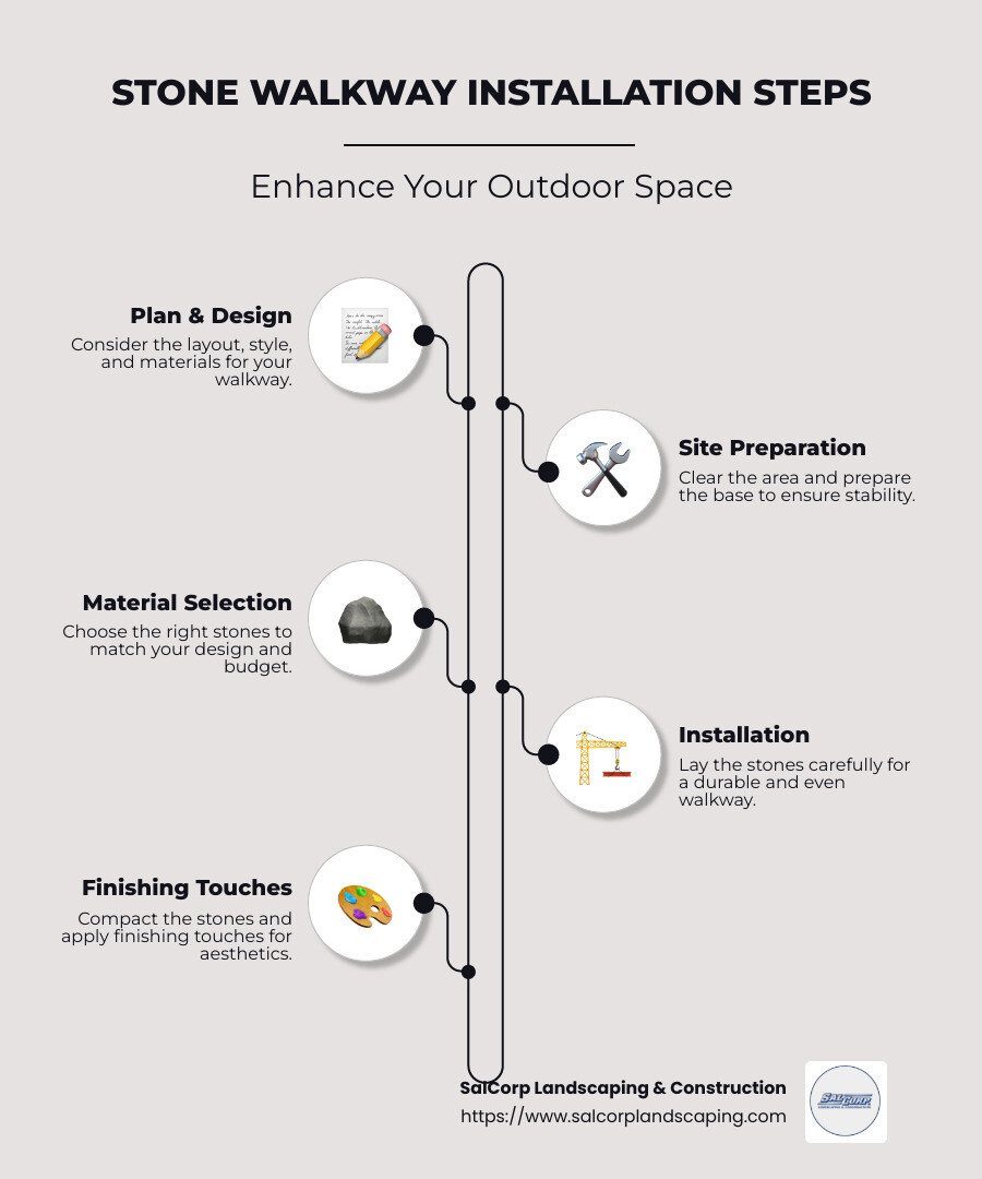 Infographic showing cost, benefits, and steps of stone walkway installation. - stone walkway installation near me infographic infographic-line-5-steps-neat_beige