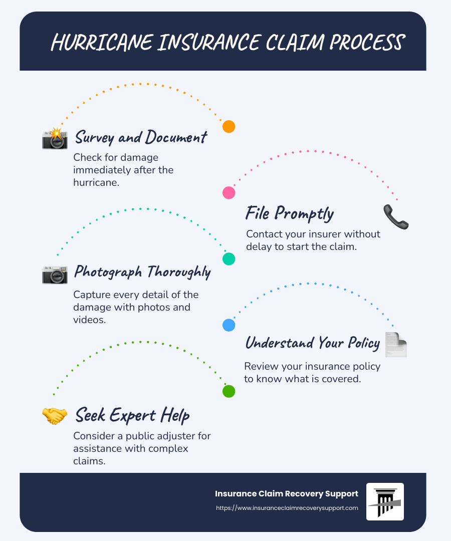 Infographic of the Hurricane Insurance Claim Process, showing a detailed flow from initial assessment of damage, contacting the insurer, documenting everything including photos and receipts, involving a public adjuster if needed, to achieving a final settlement. The process is displayed in a clear step-by-step manner with icons symbolizing each stage, like a camera for photos, a phone for contacting the insurer, and a handshake for settlement. - hurricane insurance claim process infographic infographic-line-5-steps-blues-accent_colors