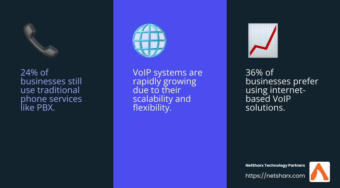 24% of businesses still use traditional phone services, while 36% prefer VoIP solutions - pbx and voip infographic 3_facts_emoji_blue