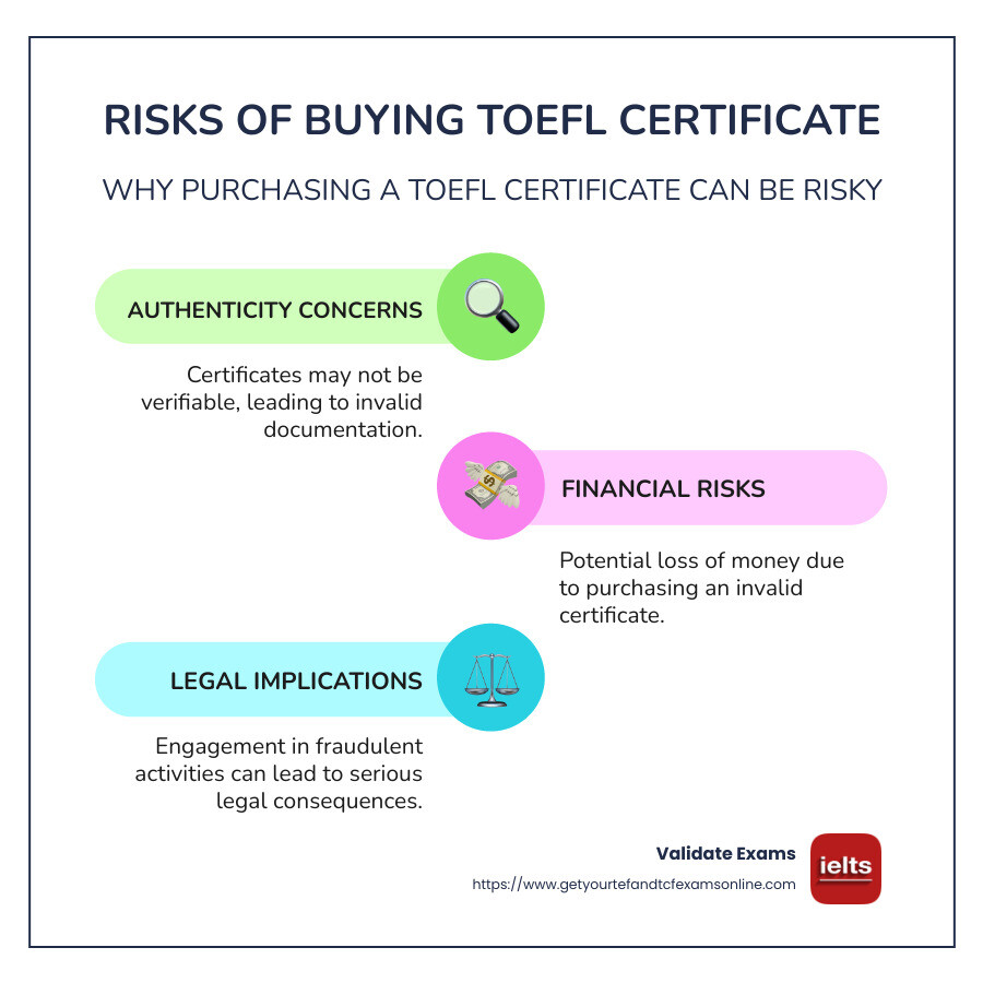 Infographic demonstrating risks of buying TOEFL certificate with icons for authenticity concerns, financial risks, and legal implications - TOEFL certificate for sale infographic infographic-line-3-steps-colors
