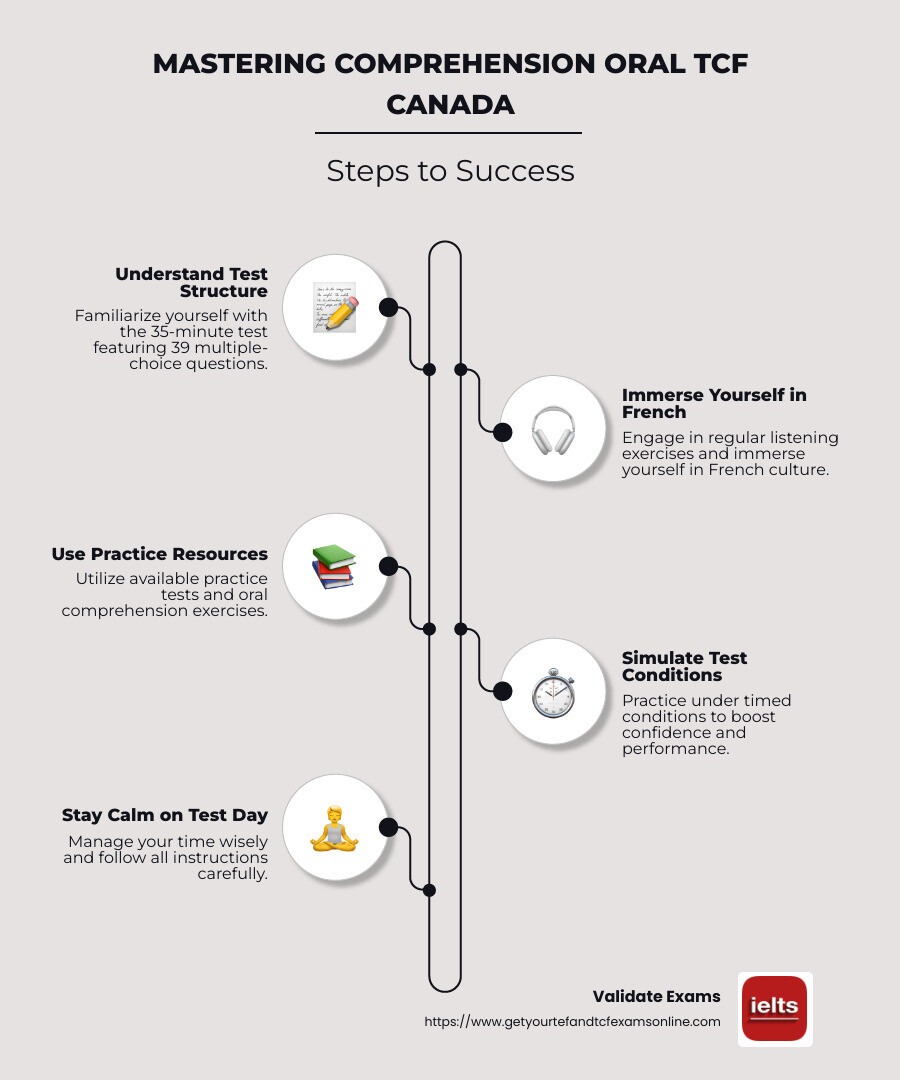 Infographic showcasing key details of comprehension oral tcf canada like duration, question format, and purpose - comprehension oral tcf canada infographic infographic-line-5-steps-neat_beige