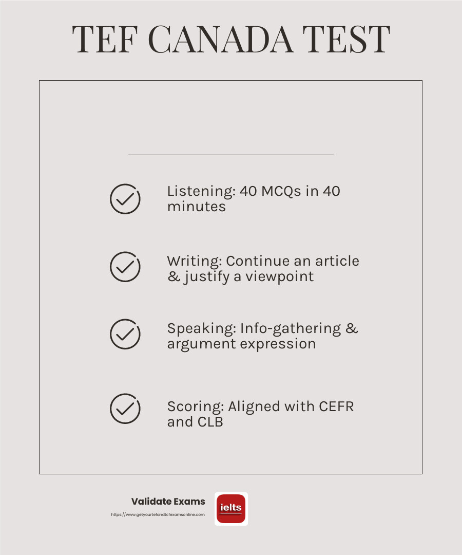 TEF Canada French Test Components - tef canada french test infographic checklist-light-beige