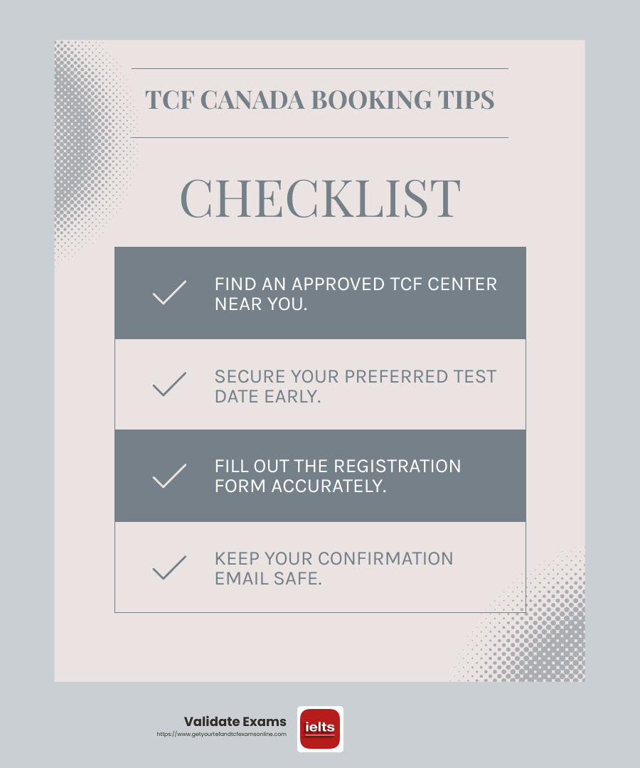 Booking early ensures you get your preferred test date without the hassle of last-minute changes. - tcf canada test booking infographic checklist-light-blue-grey