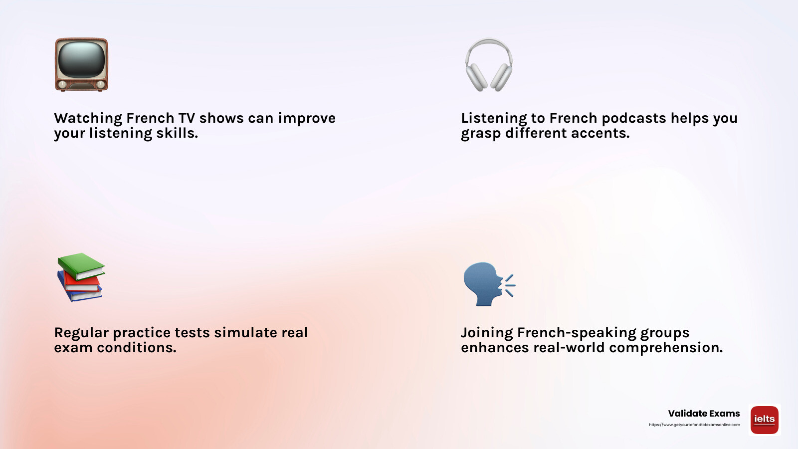 Listening to French Content Helps Improve Skills - comprehension oral tcf canada infographic 4_facts_emoji_light-gradient
