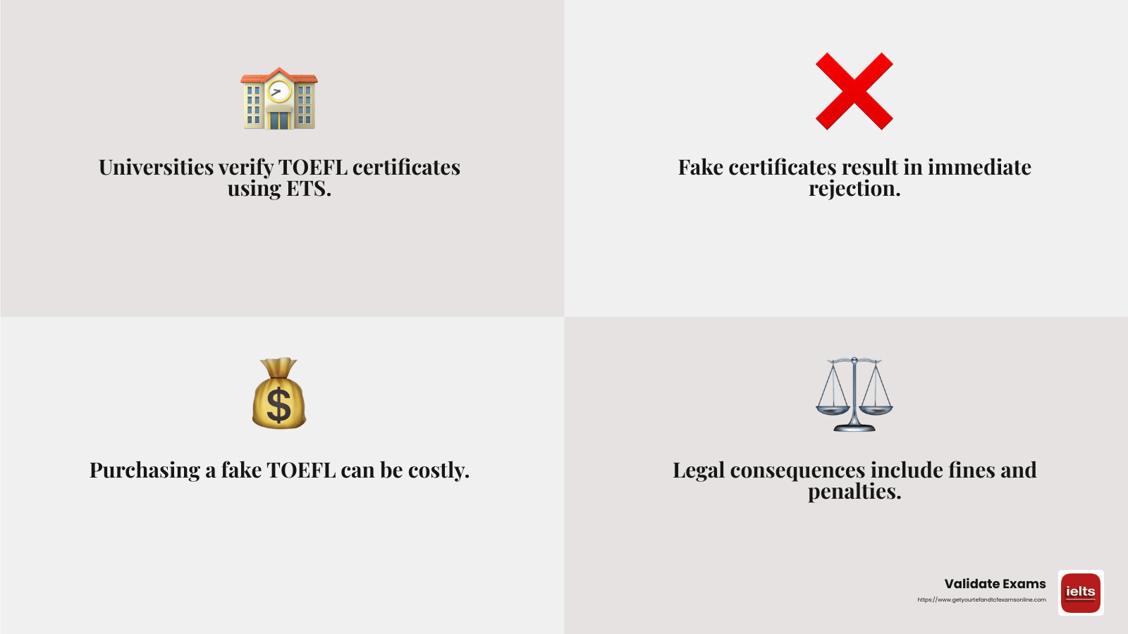 Universities verify TOEFL certificates through official channels like ETS - TOEFL certificate for sale infographic 4_facts_emoji_grey