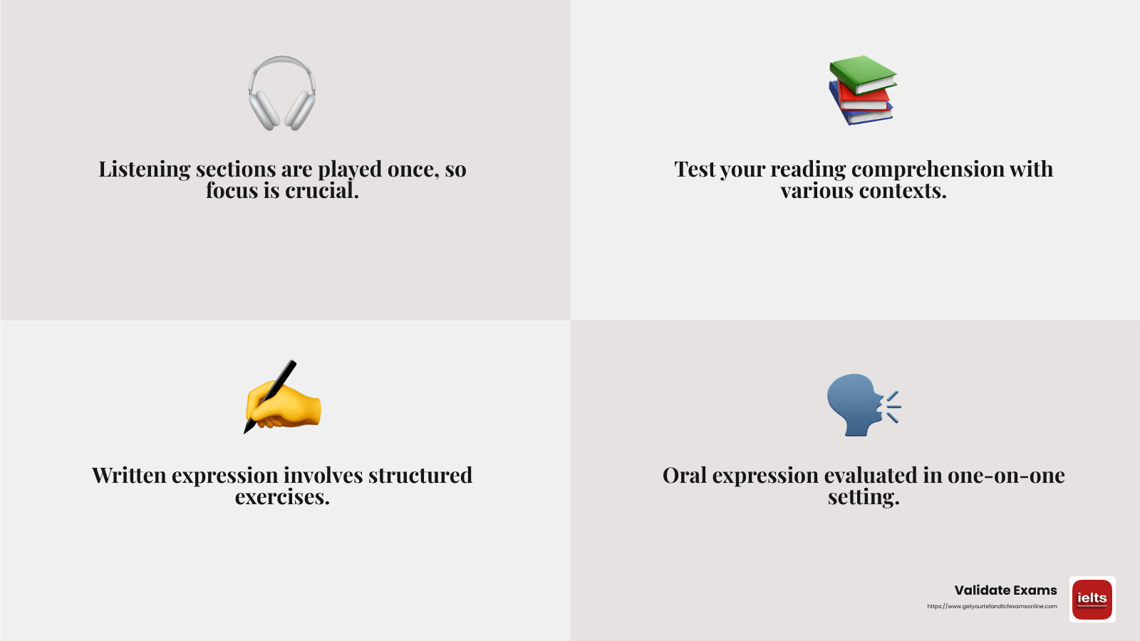 TCF exam structure infographic - TCF exam Canada infographic 4_facts_emoji_grey