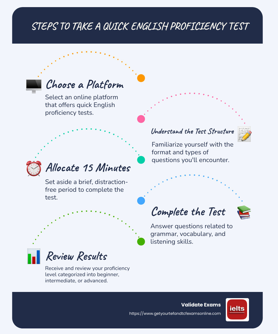 Infographic depicting steps to take a Quick English proficiency test, including choosing a platform, understanding the test structure, and reviewing results, all within a 15-minute timeframe - Quick English proficiency test infographic infographic-line-5-steps-blues-accent_colors