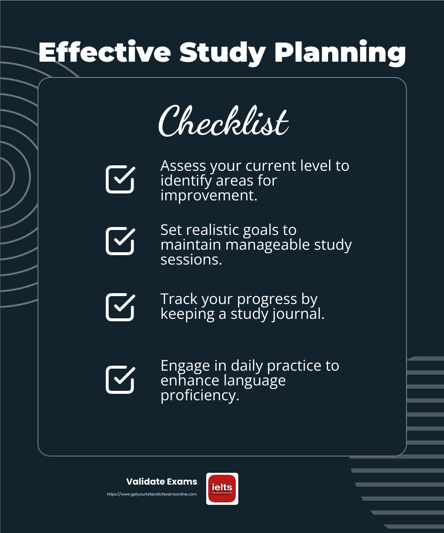 Effective study planning is key to success in language exams - TCF exam Canada infographic checklist-dark-blue