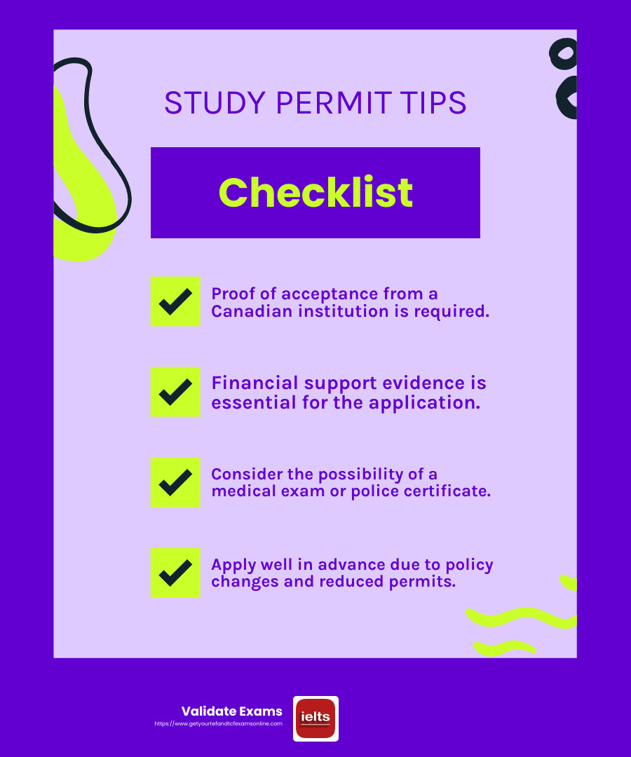 Study permits issued in Canada 2025 - education international canada infographic checklist-fun-neon