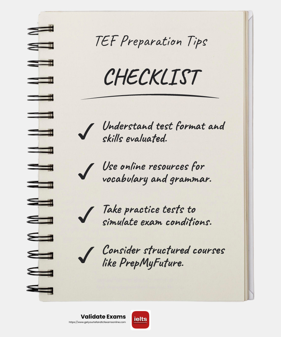 PrepMyFuture offers a structured approach to TEF preparation with adaptive learning tools. - tef canada language test infographic checklist-notebook