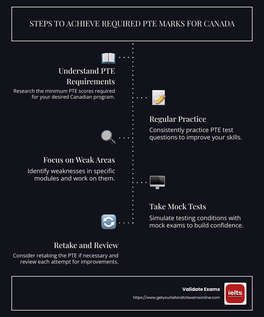 Infographic on PTE score requirements for Canada - pte marks required for canada infographic infographic-line-5-steps-dark