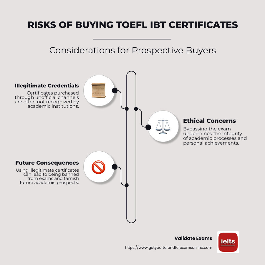 Infographic detailing the risks and statistics of buying TOEFL certificates - buy toefl ibt certificate infographic infographic-line-3-steps-neat_beige