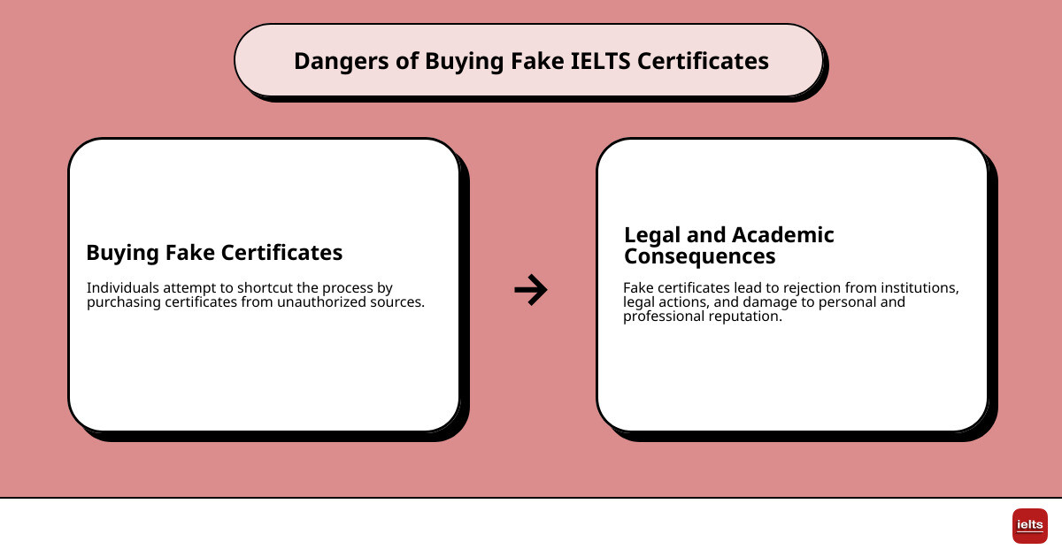 Infographic detailing the dangers of fake IELTS certificates and verification process - buy verified IELTS certificate infographic cause_effect_text