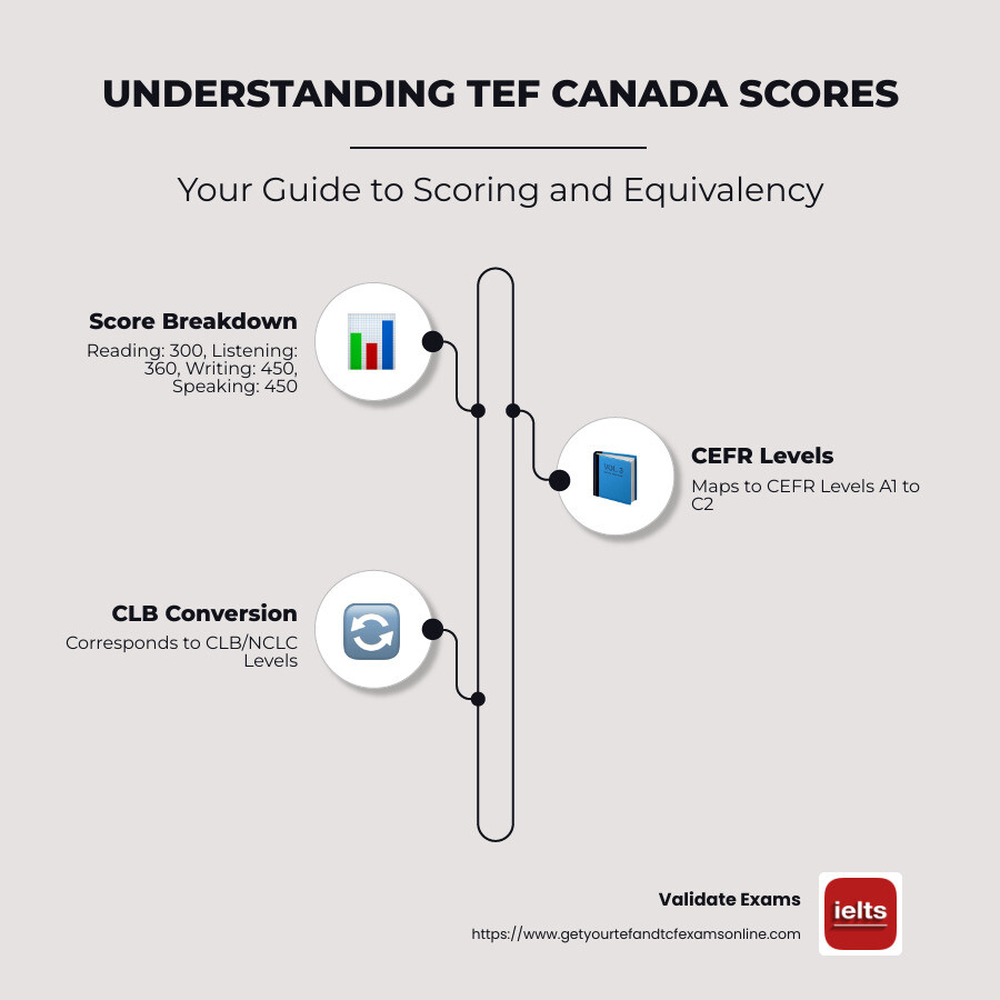 Infographic of TEF Canada scoring system, maximum scores for each section, and equivalency with CLB levels displayed in a clear and concise format - tef canada scores infographic infographic-line-3-steps-neat_beige
