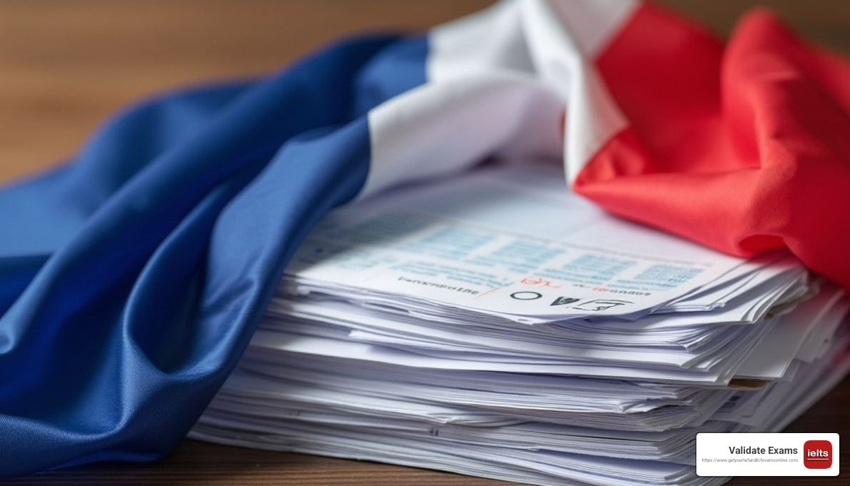 French flag with exam papers - TEF Canada certificate