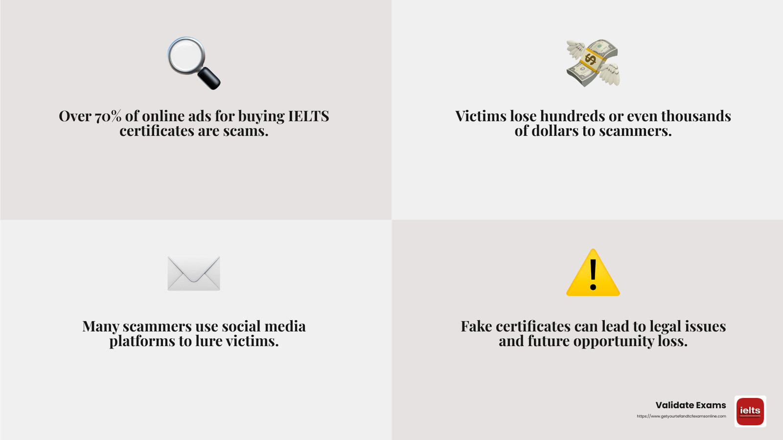 Scammers often disappear with your money without delivering on their promises. - buy IELTS without exam infographic 4_facts_emoji_grey