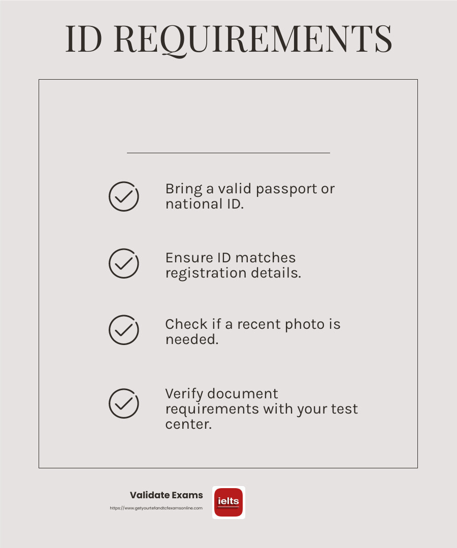 Ensure your ID matches your registration details to avoid delays. - toeic certificate online infographic checklist-light-beige
