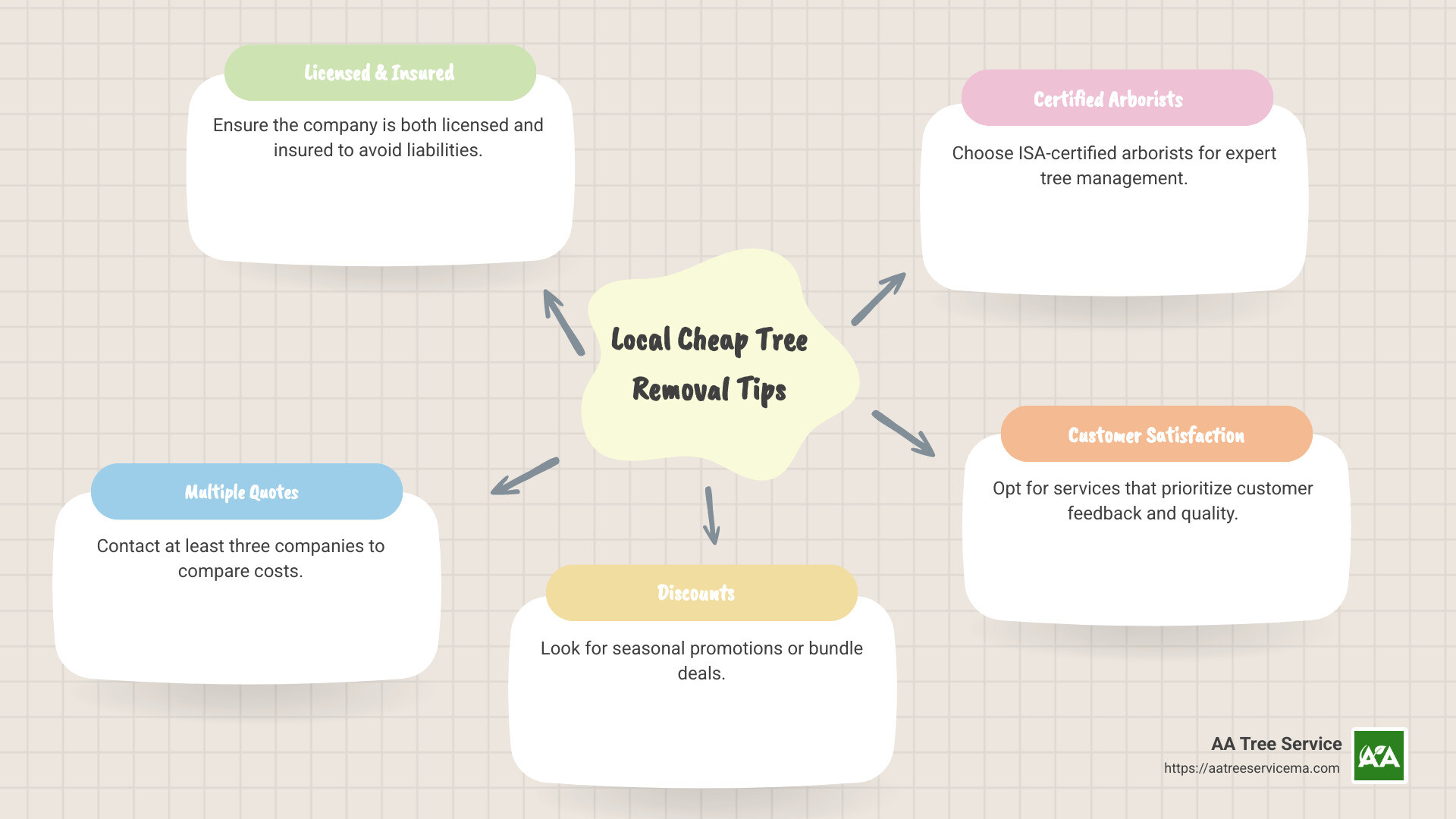 Steps to Find Cheap Tree Removal - local cheap tree removal infographic mindmap-5-items