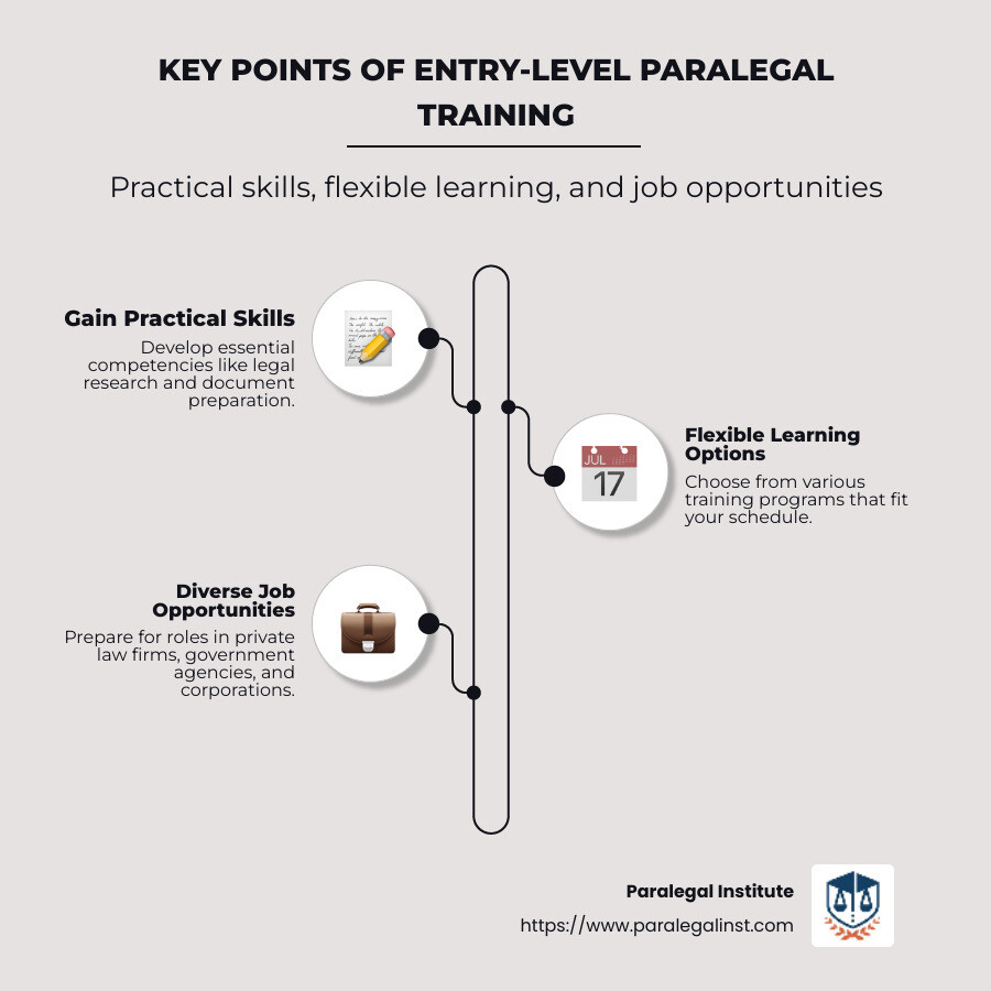 Infographic highlighting key points of entry-level paralegal training, including practical skills gained, flexible learning options, and potential job opportunities in varied legal fields. - Entry-level paralegal training infographic infographic-line-3-steps-neat_beige