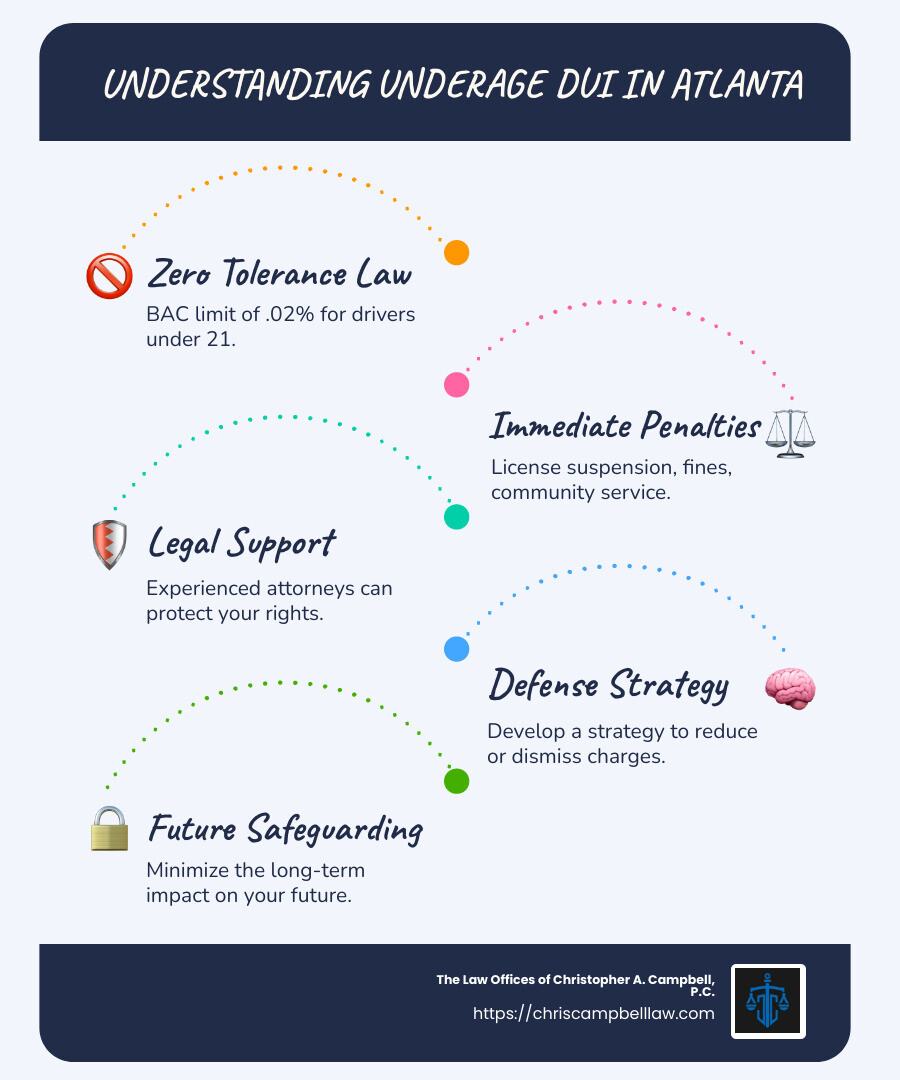 Infographic explaining the zero tolerance law, penalties, and the importance of legal representation in underage DUI cases - Atlanta underage DUI attorney infographic infographic-line-5-steps-blues-accent_colors