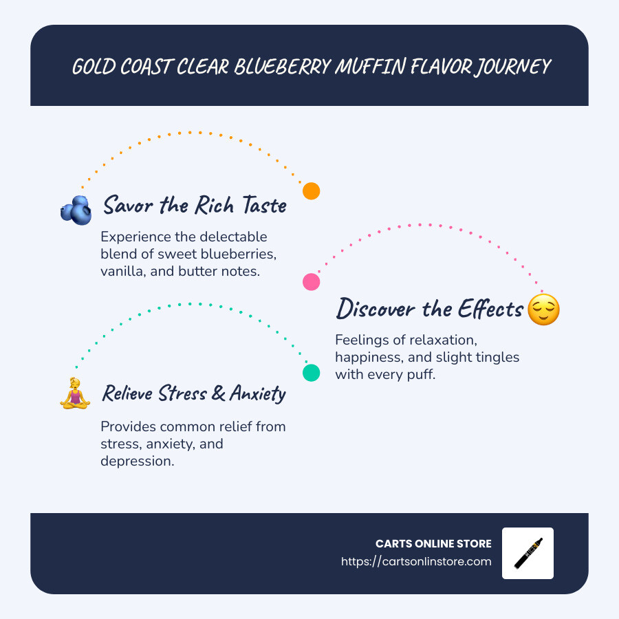 Infographic showing blueberry muffin flavor profile and effects - gold coast clear blueberry muffin infographic infographic-line-3-steps-blues-accent_colors