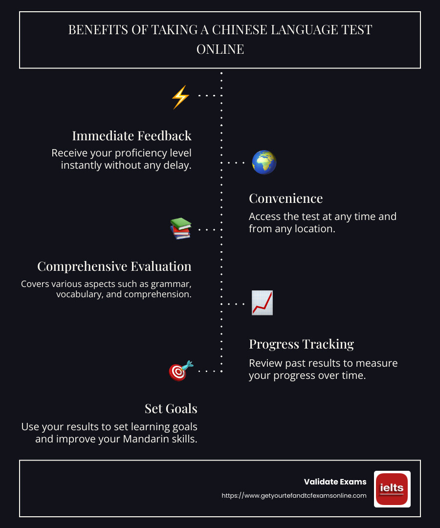 Benefits of Chinese language tests online: a list showing convenience, immediate feedback, and comprehensive evaluation - chinese language test online infographic infographic-line-5-steps-dark