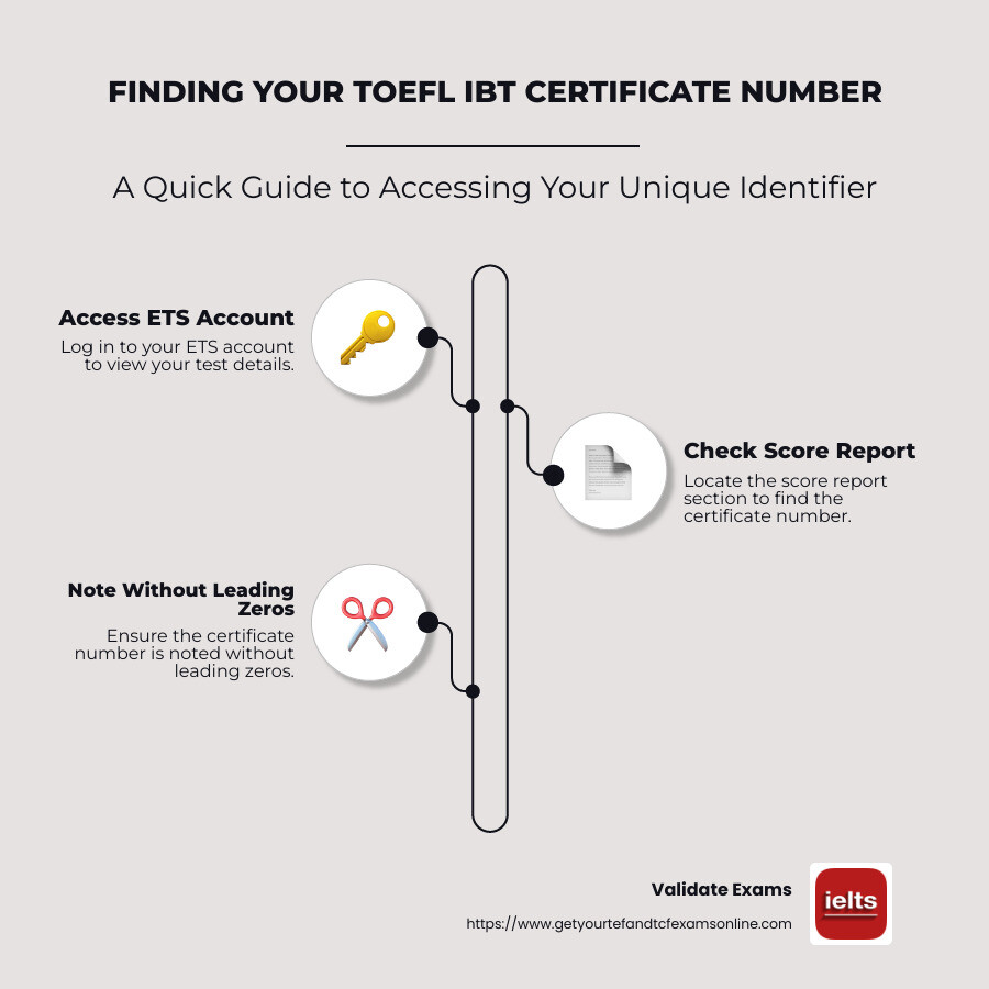 Step-by-step guide to finding your TOEFL iBT certificate number, with emphasis on accessing it through your ETS account and excluding leading zeros - toefl ibt certificate number infographic infographic-line-3-steps-neat_beige