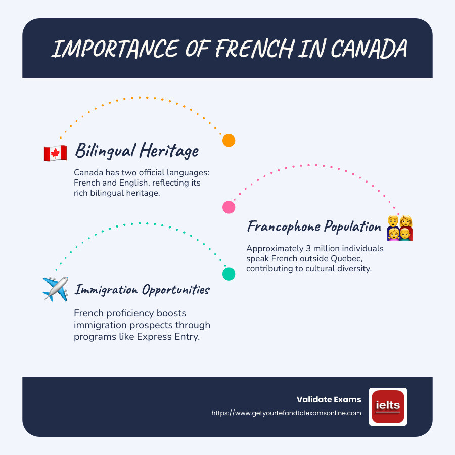 Detailed infographic explaining the role and benefits of the French language in Canada, including historical influences and modern-day opportunities across various provinces. - french to canada infographic infographic-line-3-steps-blues-accent_colors