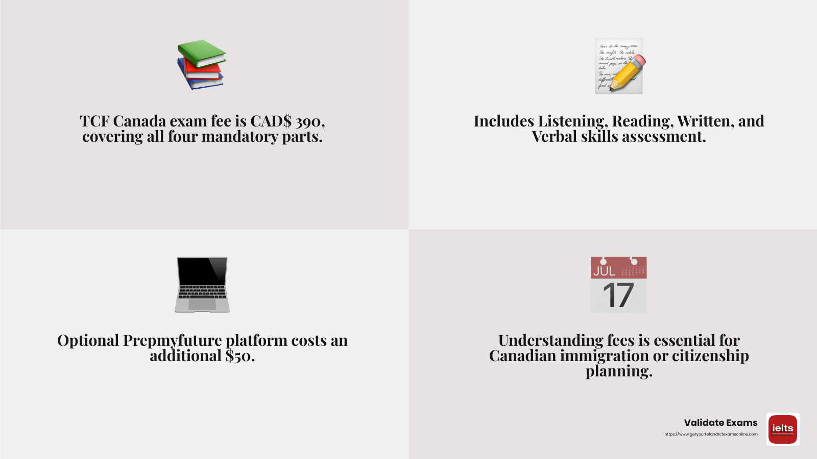 The cost of the TCF Canada exam is CAD$ 390, covering all four mandatory parts of the test. - how much is tcf exam in canada infographic 4_facts_emoji_grey