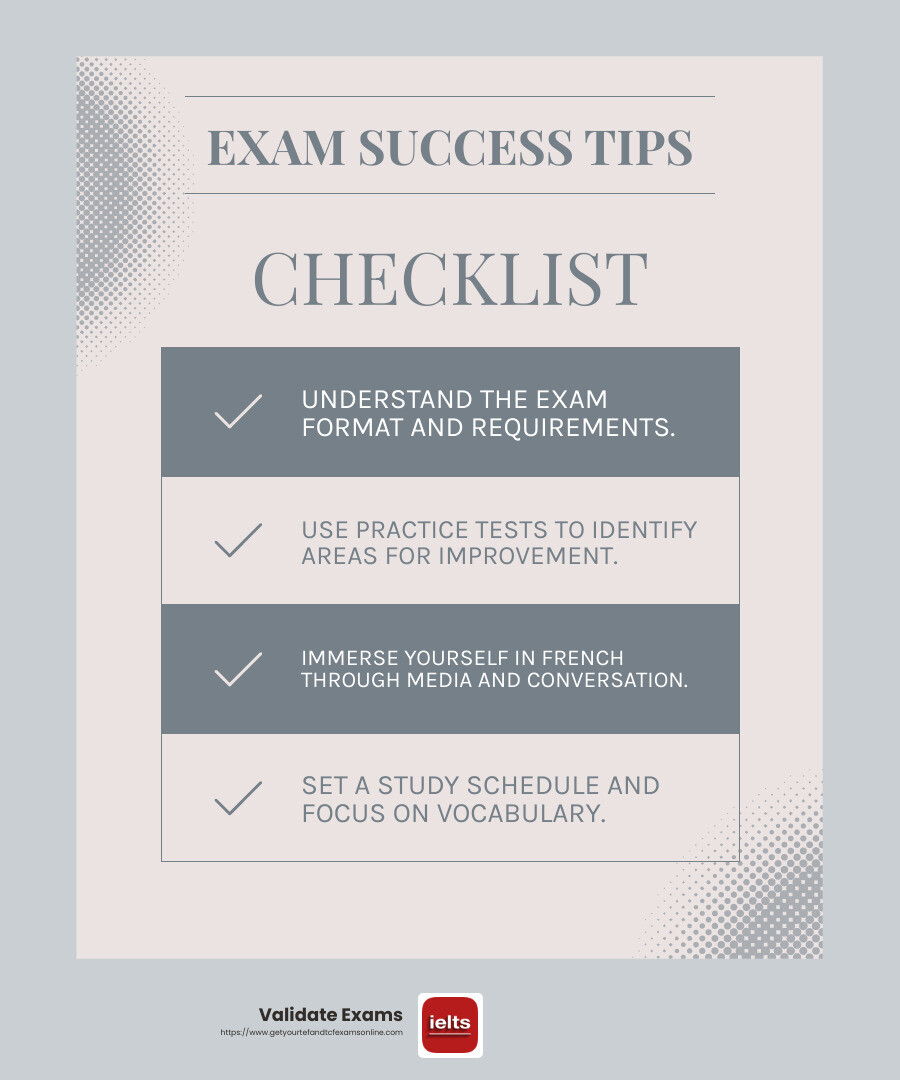 Boost your TCF Quebec Exam success with practice tests and language immersion - tcf quebec exam infographic checklist-light-blue-grey